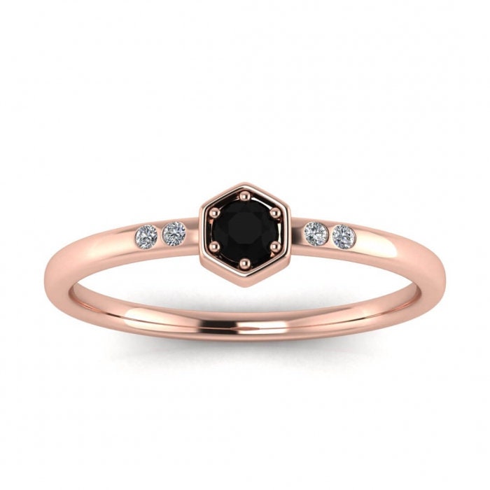 Black Diamond Ring, Solid 14k Rose Gold Diamond Band, Black Diamond Engagement Ring, Hexagon Diamond Ring Black Diamond Ring