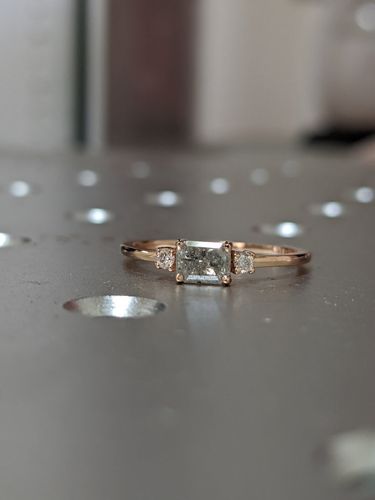 Baguette Emerald Raw Salt and Pepper Diamond Gold Engagement Ring Art Deco 1920's Inspired Thin Petite Band 14k Unique Ring for Her