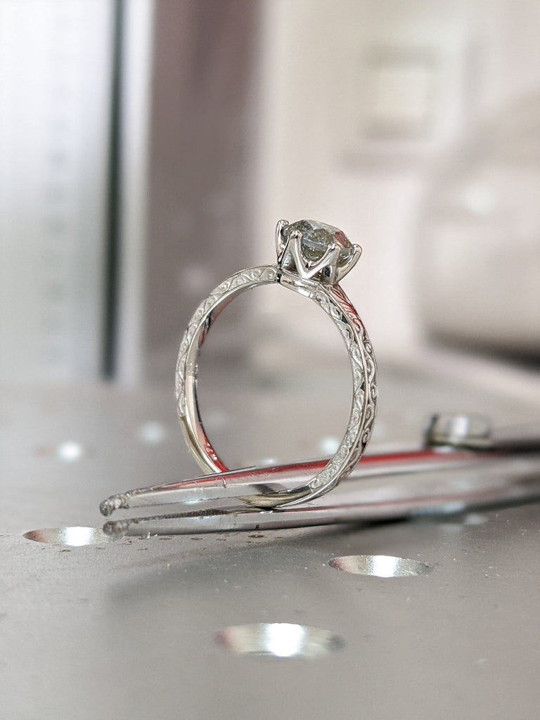 Rose Gold Raw Salt and Pepper Diamond /White /Yellow Gold Engagement Ring Art Deco 1920's Inspired Thin Petite Band 14k Unique Ring for Her