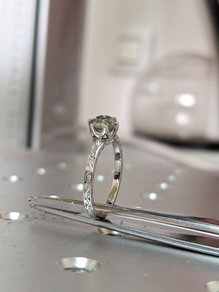 Rose Gold Raw Salt and Pepper Diamond /White /Yellow Gold Engagement Ring Art Deco 1920's Inspired Thin Petite Band 14k Unique Ring for Her