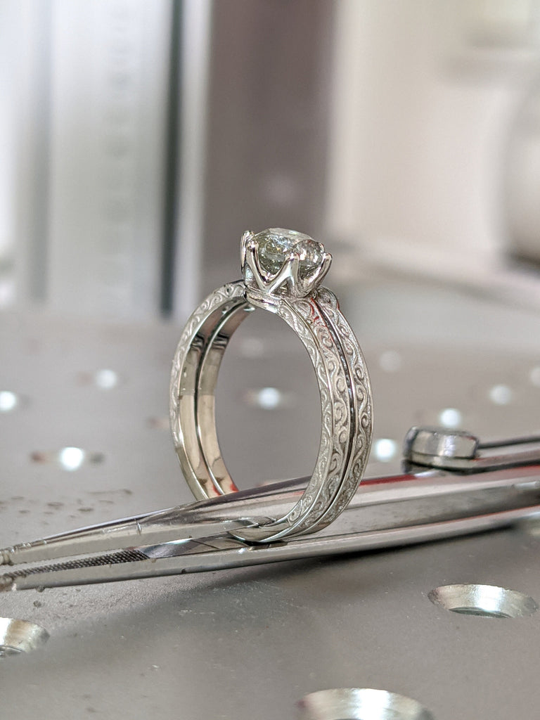 Raw Salt and Pepper Diamond Rose Set /White /Yellow Gold Engagement Ring Art Deco 1920's Inspired Thin Petite Band 14k Unique Ring for Her