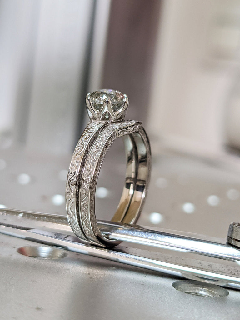 Raw Salt and Pepper Diamond Rose Set /White /Yellow Gold Engagement Ring Art Deco 1920's Inspired Thin Petite Band 14k Unique Ring for Her