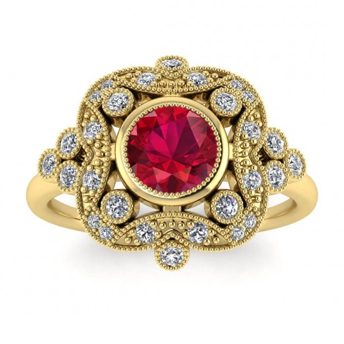 14k rose gold Adeline vintage ruby and diamond engagement ring (1/4 ct. tw.) filigree antique design, beaded milgrain, gemstone bezel accent