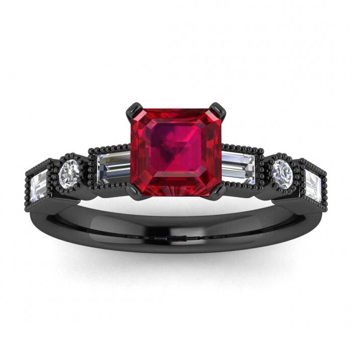 14k rose gold Amara asscher cut ruby and diamond baguette ring (3/5 ct. tw.) prong setting, round and baguette gemstones ,Ruby Ring