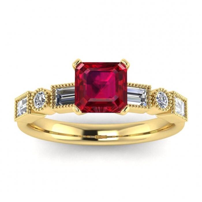 14k rose gold Amara asscher cut ruby and diamond baguette ring (3/5 ct. tw.) prong setting, round and baguette gemstones ,Ruby Ring