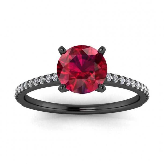 14k rose gold Anahi micro pave ruby and diamond engagement ring (1/6 ct. tw.) micro pave accents, prongs setting, Ruby Ring