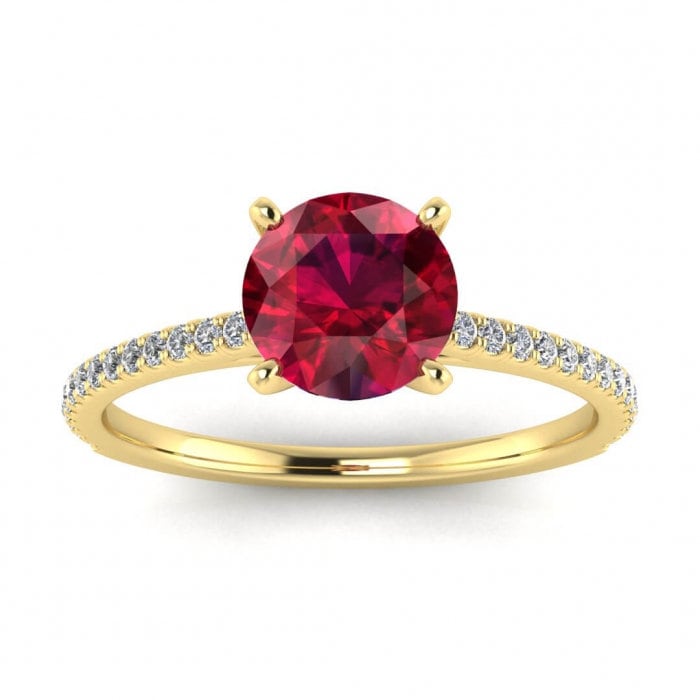 14k rose gold Anahi micro pave ruby and diamond engagement ring (1/6 ct. tw.) micro pave accents, prongs setting, Ruby Ring