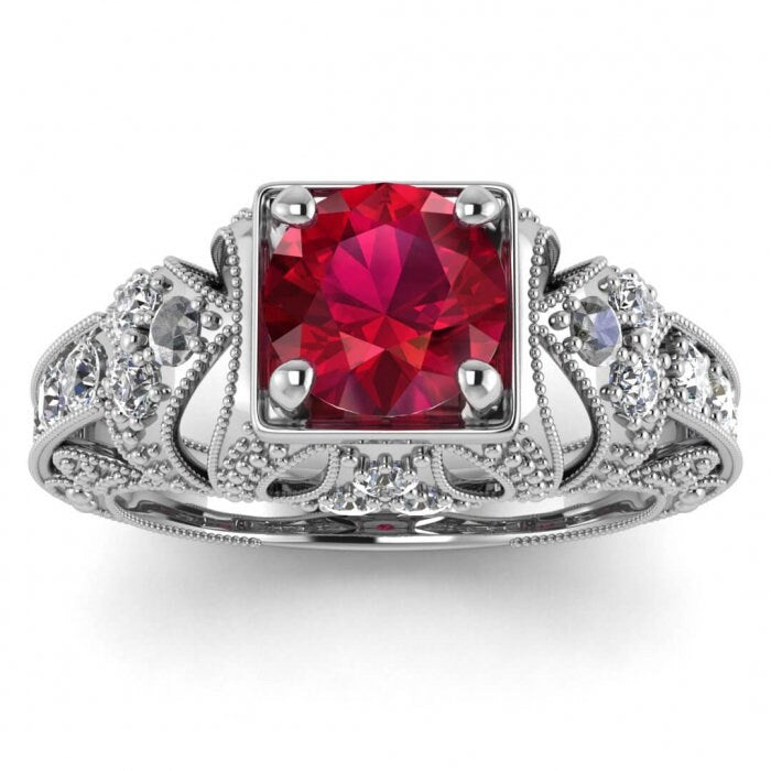 14k rose gold Elsie engraved ruby and diamond ring (1/2 ct. tw.), filigree milgrained,hand engraving, delicate, gemstone accent,open gallery