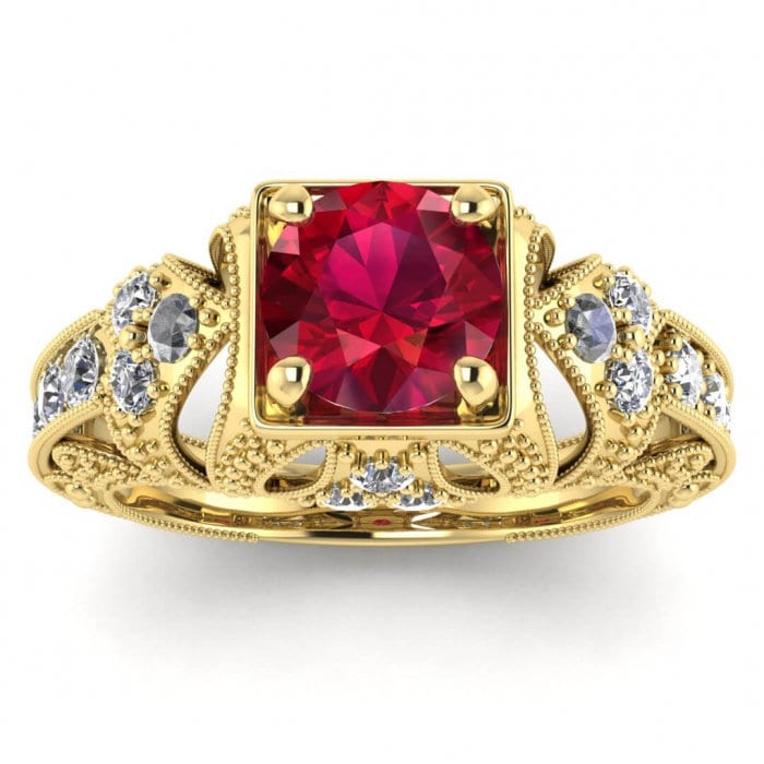 14k rose gold Elsie engraved ruby and diamond ring (1/2 ct. tw.), filigree milgrained,hand engraving, delicate, gemstone accent,open gallery