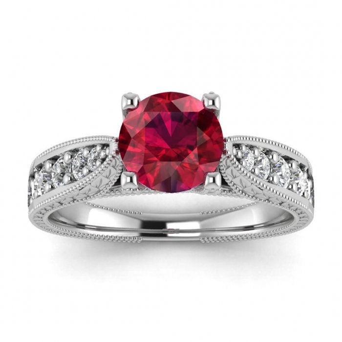 14k rose gold Elke vintage floral engraving ruby and diamond ring (1/3 ct. tw.), channel pave, milgrain, leaves engraving,intertwined prongs