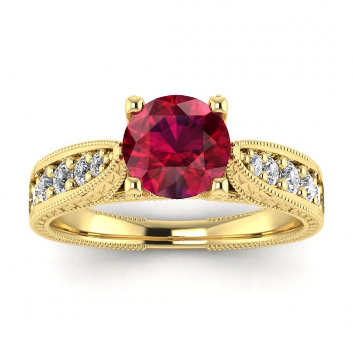 14k rose gold Elke vintage floral engraving ruby and diamond ring (1/3 ct. tw.), channel pave, milgrain, leaves engraving,intertwined prongs