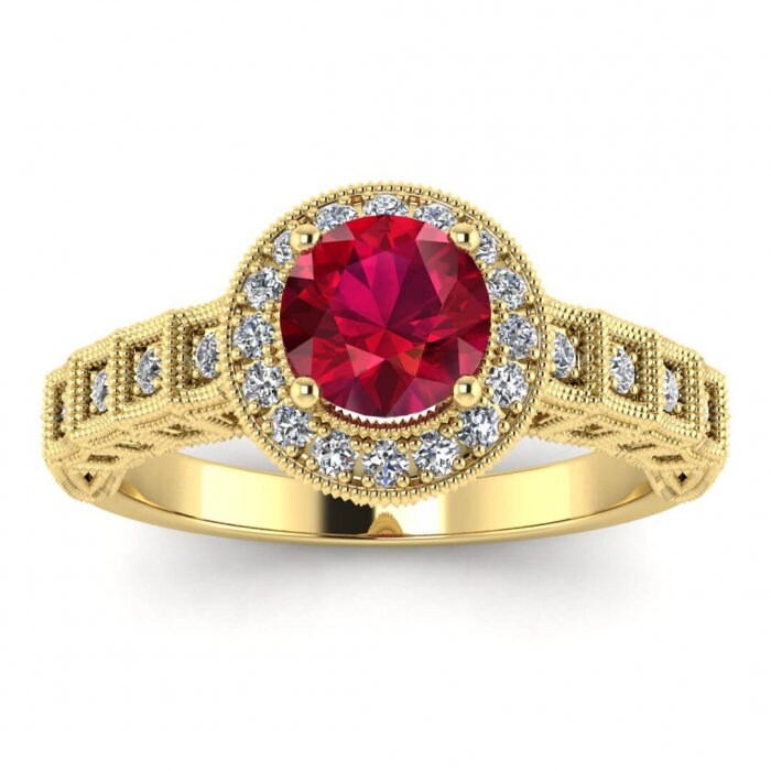 14k rose gold art Deco halo ruby and diamond ring (1/5 ct) filigree shank, pave set diamond, milgrain edges, halo center gemstone