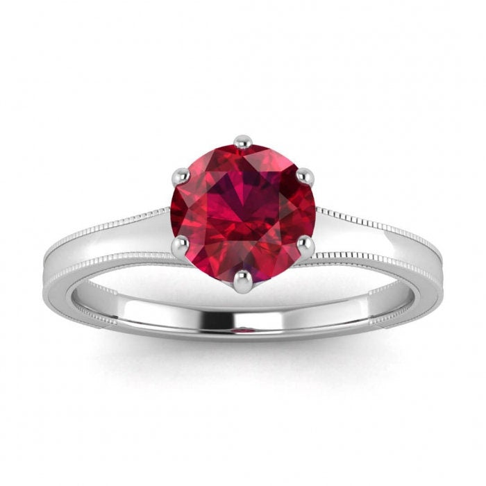 14k rose gold Corinne milgrained ruby engagement ring, milgrained band, squared solitaire ring, prongs setting