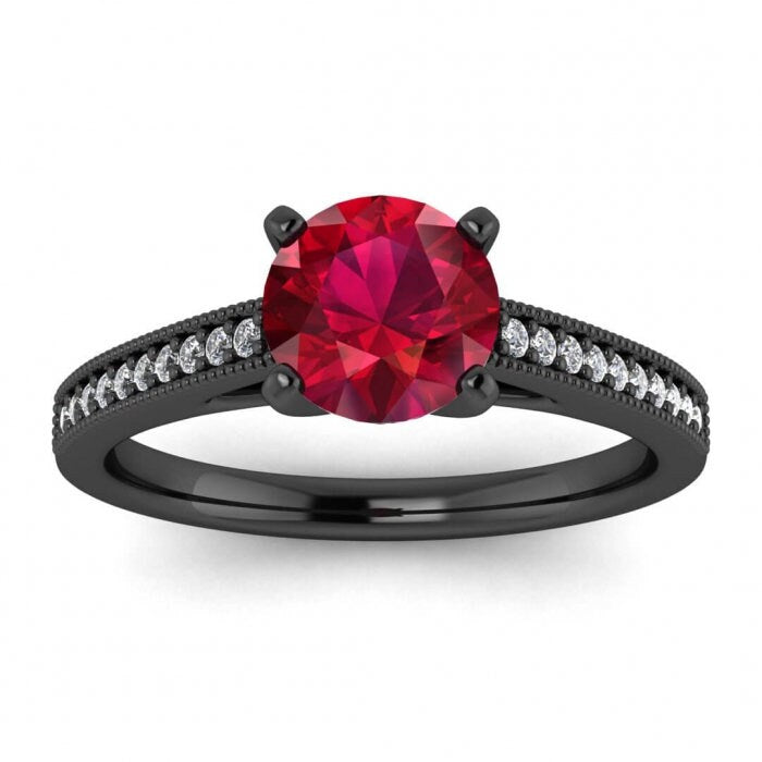 14k rose gold Effie cathedral pave ruby and diamond ring (1/10 ct. tw.), cathedral design, milgrain, pave accent gemstones, prongs setting