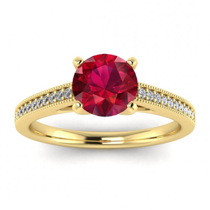 14k rose gold Effie cathedral pave ruby and diamond ring (1/10 ct. tw.), cathedral design, milgrain, pave accent gemstones, prongs setting