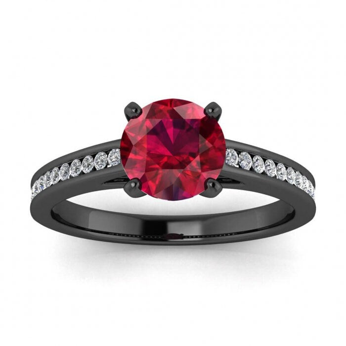 14k rose gold Cato halo pear ruby and diamond ring, pear shaped bezel, halo, pave accents