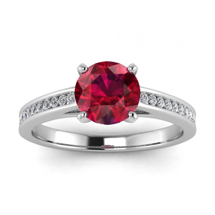 14k rose gold Cato halo pear ruby and diamond ring, pear shaped bezel, halo, pave accents