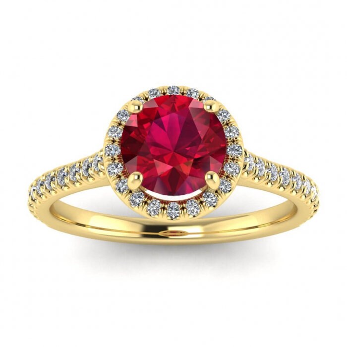 14k rose gold Caitlin paved halo ruby and diamond ring (1/5 ct. tw.), paved accent, paved halo, thin band, open gallery