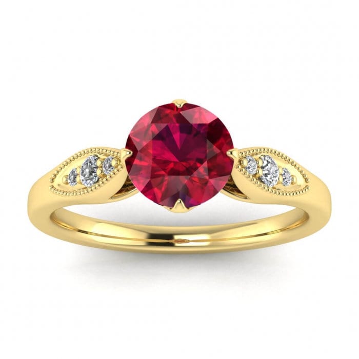 14k rose gold Compass east west ruby and diamond setting ring (1/9 ct. tw.), claw prongs, open gallery, milgrain, shared prong pave