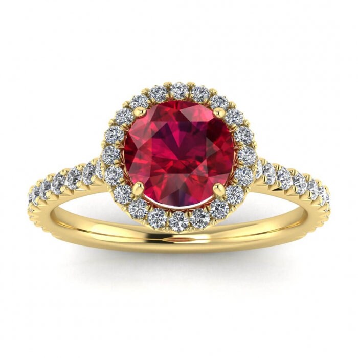 14k rose gold Bee endless sparkle ruby and diamond halo ring (3/8 ct. tw.) french pave band, french pave halo, hidden gemstone