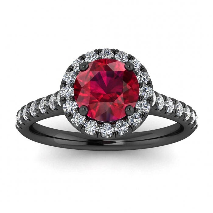 14k rose gold Anika luxurious pave ruby and diamond halo ring (3/7 ct. tw.) unique scalloped pave, round halo, bridged shank