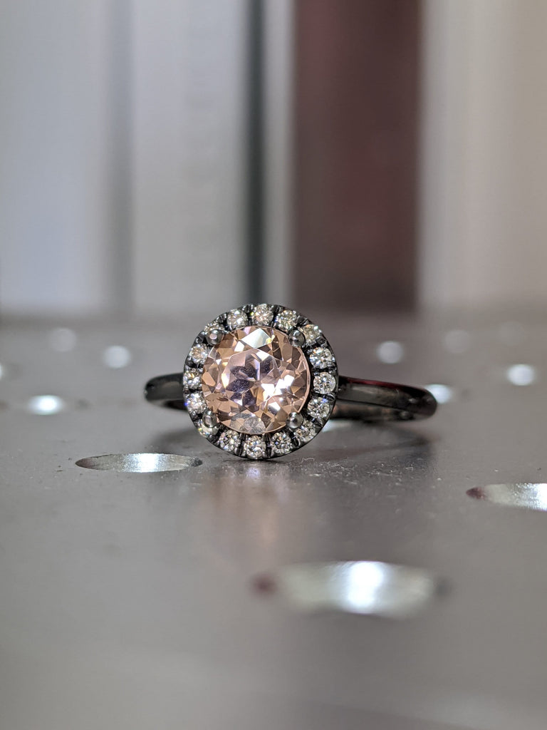 Black Gold Delicate Halo Morganite And Diamond Ring (1/5 CT. TW.) Scalloped pave halo, high profile prongs, bridged shank Anne