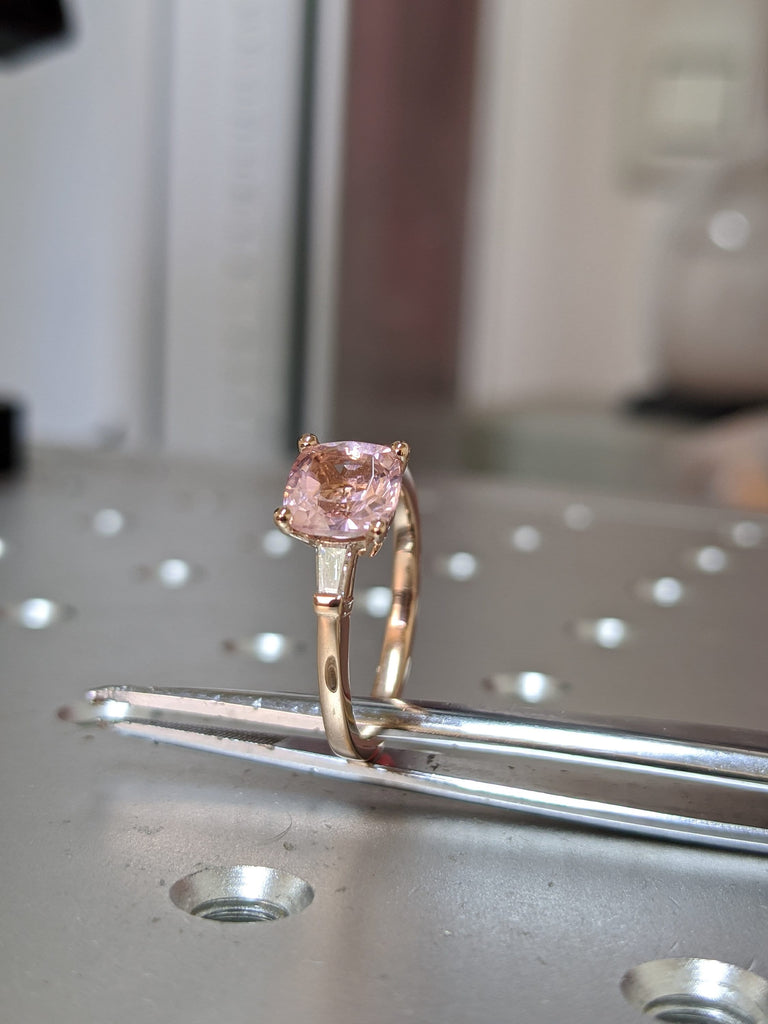 Peach Pink Morganite and Natural Diamond Engagement Ring, Cushion Morganite Engagement Ring, Baguette And Morganite Engagement Ring