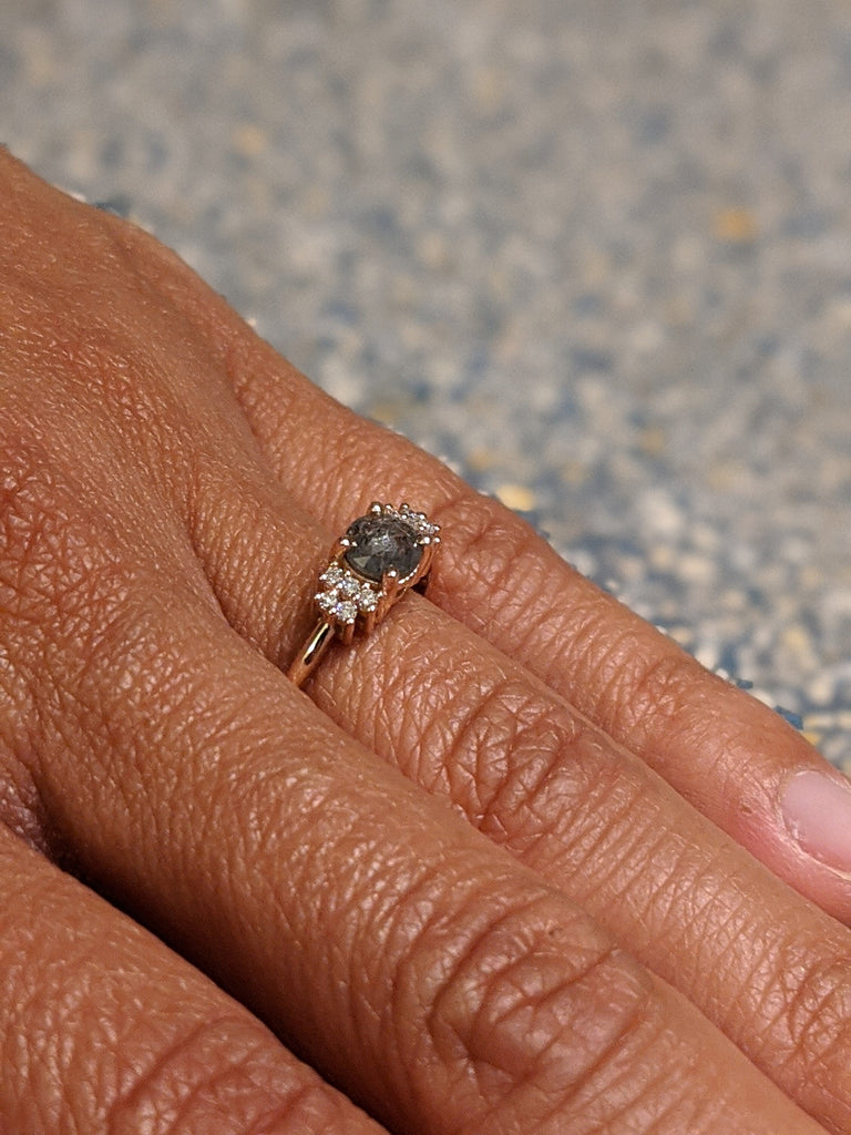 Raw Diamond, Unique Engagement, Salt and Pepper, Black diamond, Rose Cut, Prong setting, Simple Alternative, Custom Handmade Diamond Ring