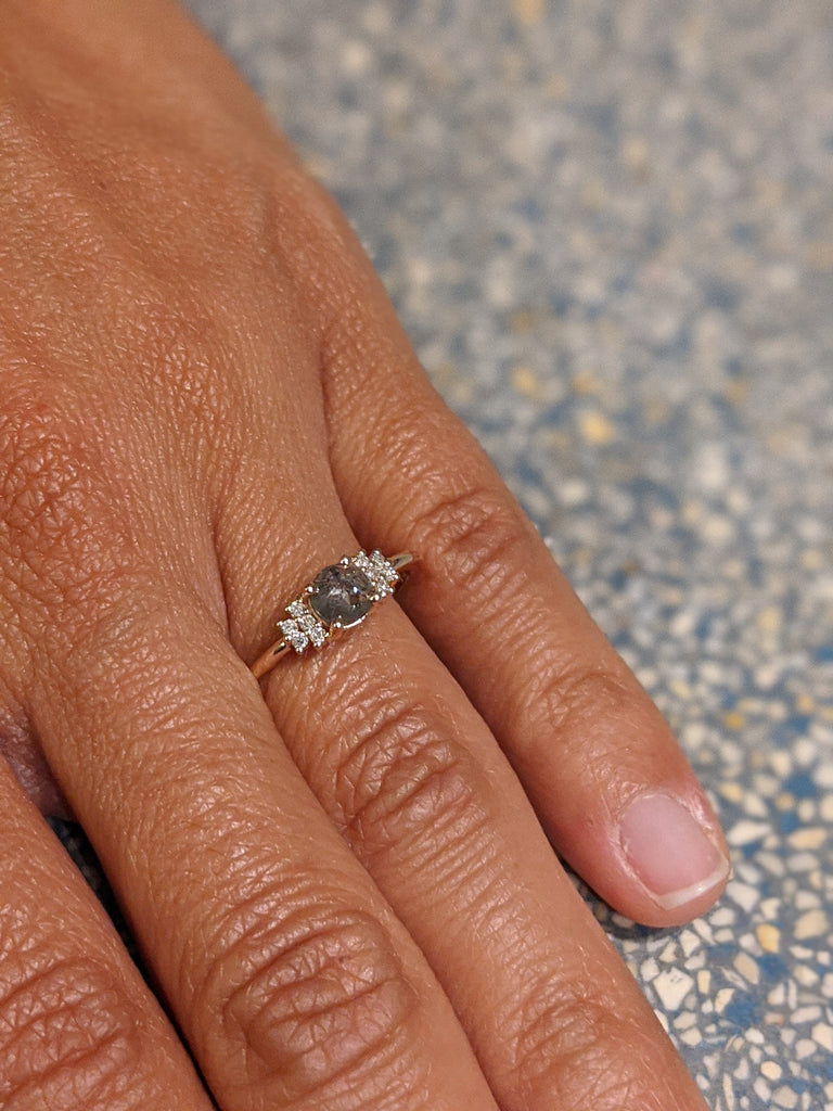 Salt and pepper diamond engagement 5 stone ring Raw Salt and Pepper Diamond Gold Engagement Ring Art Deco 1920's Thin Petite Band Ring