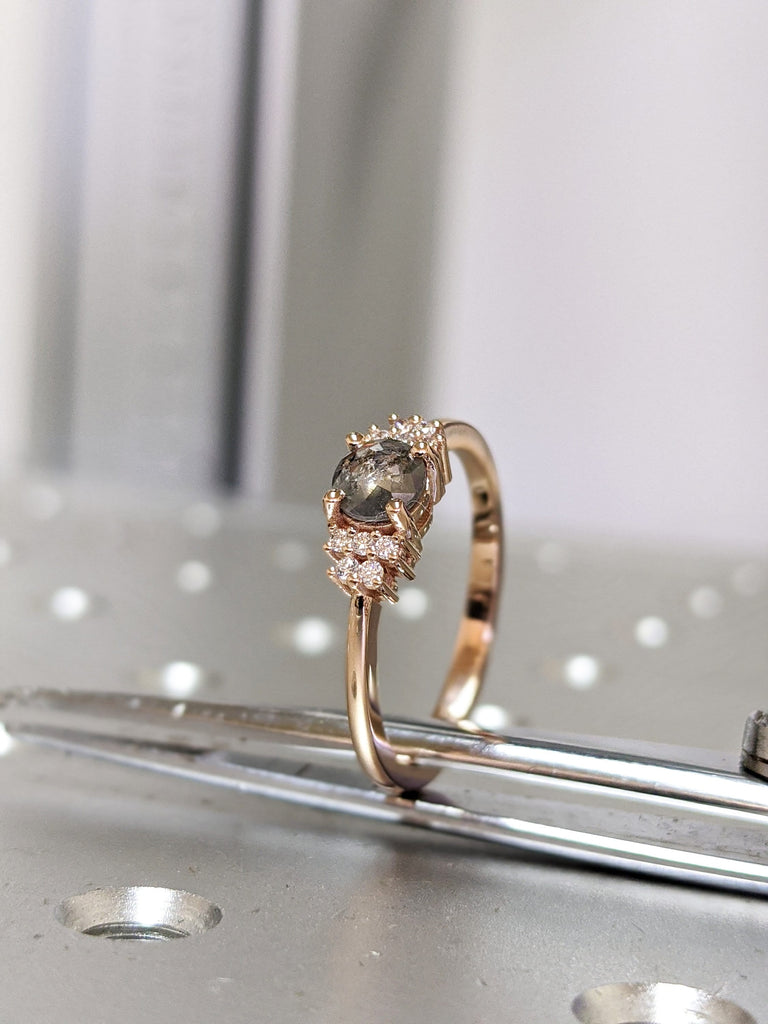 Salt and pepper diamond engagement 5 stone ring Raw Salt and Pepper Diamond Gold Engagement Ring Art Deco 1920's Thin Petite Band Ring