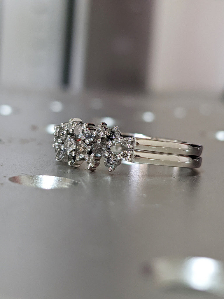 Salt and pepper diamond engagement, diamond cluster ring, 14k/18k yellow and rose gold, Engagement Ring Salt and Pepper Rustic, 9 diamonds