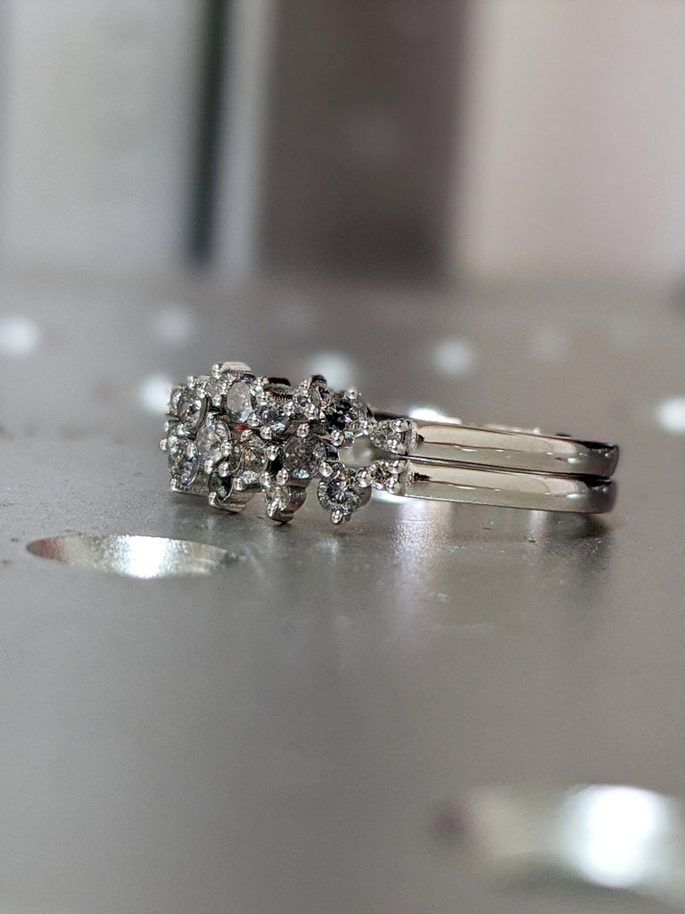 Salt and pepper diamond engagement, diamond cluster ring, 14k/18k yellow and rose gold, Engagement Ring Salt and Pepper Rustic, 9 diamonds
