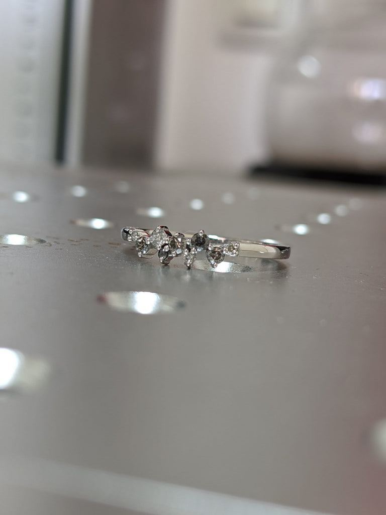 Salt and pepper diamond engagement, diamond cluster ring, 14k/18k yellow and rose gold, Engagement Ring Salt and Pepper Rustic, 9 diamonds