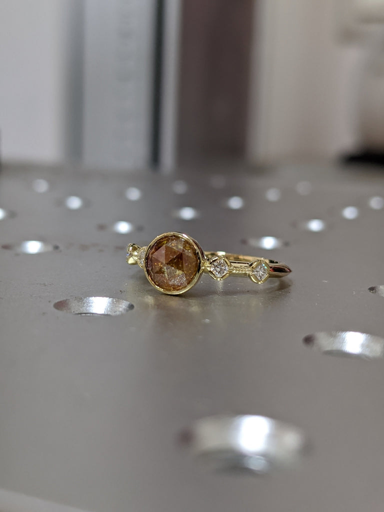 Rose Cut Diamond Ring Natural Color Diamond in Solid 14k Gold Unique Engagement Ring Salt and Pepper Rose Cut Diamond Engagement