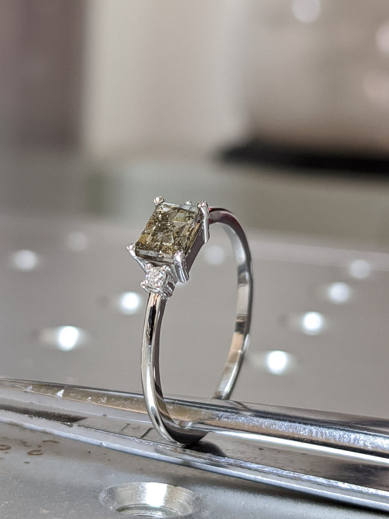 White Gold Emerald Baguette Raw Salt and Pepper Diamond Gold Engagement Ring Art Deco 1920's Thin Petite Band 14k Unique Ring for Her