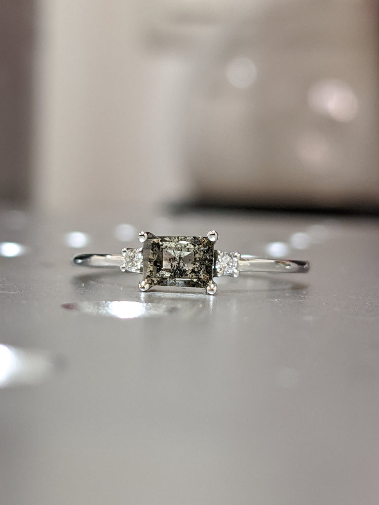 White Gold Emerald Baguette Raw Salt and Pepper Diamond Gold Engagement Ring Art Deco 1920's Thin Petite Band 14k Unique Ring for Her