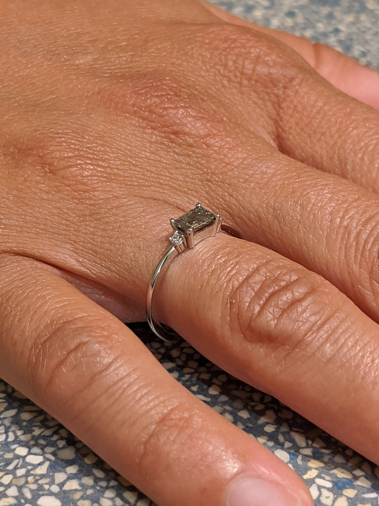 White Gold Emerald Baguette Raw Salt and Pepper Diamond Gold Engagement Ring Art Deco 1920's Thin Petite Band 14k Unique Ring for Her