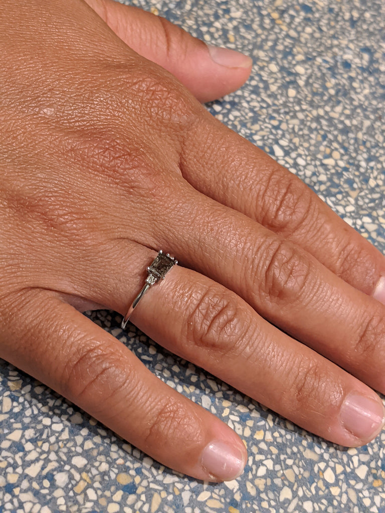 White Gold Emerald Baguette Raw Salt and Pepper Diamond Gold Engagement Ring Art Deco 1920's Thin Petite Band 14k Unique Ring for Her