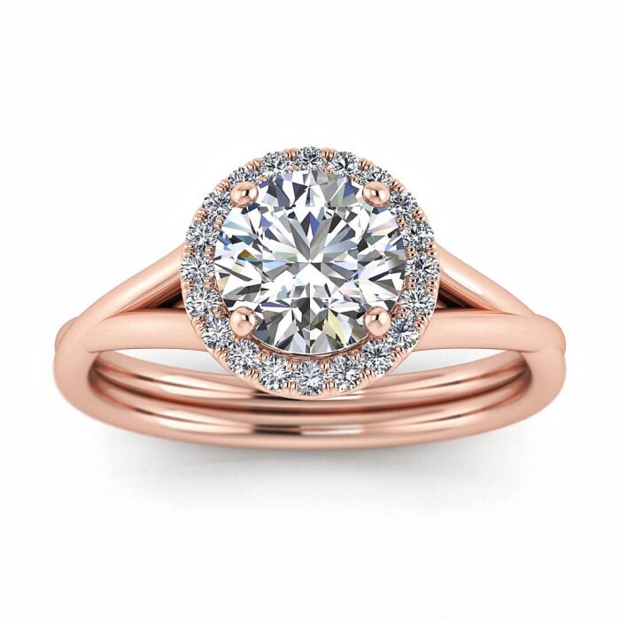 Rose Gold Double Band Moissanite Halo (1/10 Ct. Tw.), Double Band, Open Gallery, Paved Halo,high Profile Prongs, Bridged Shank Beverly