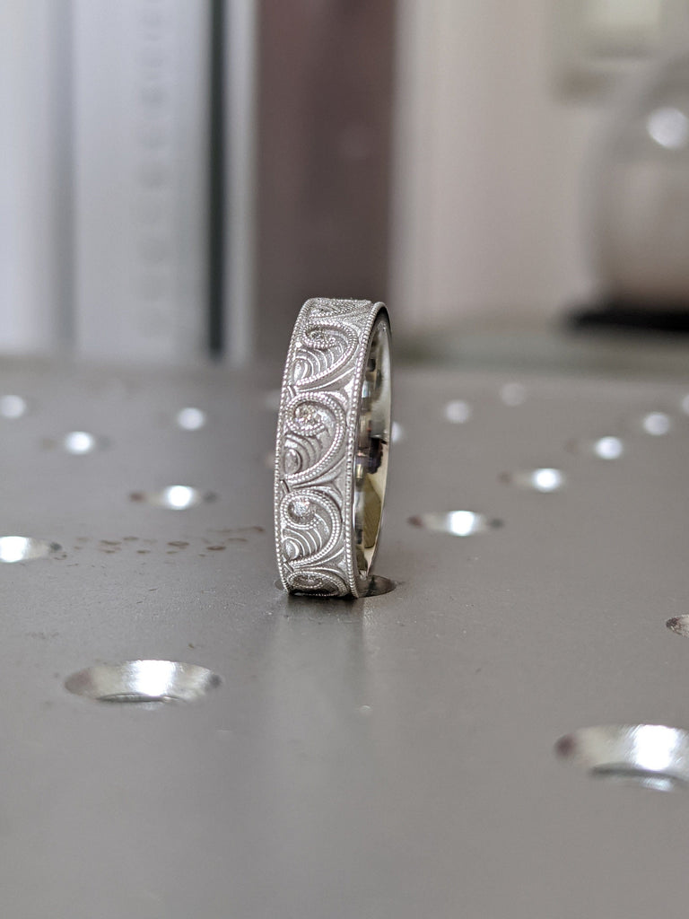 Diamond Engraved Wedding Ring, Art Deco Scroll Style Wedding Band, Hand Milgrain Men's Gold Ring, New Vintage 5mm Flat Wedding Ring