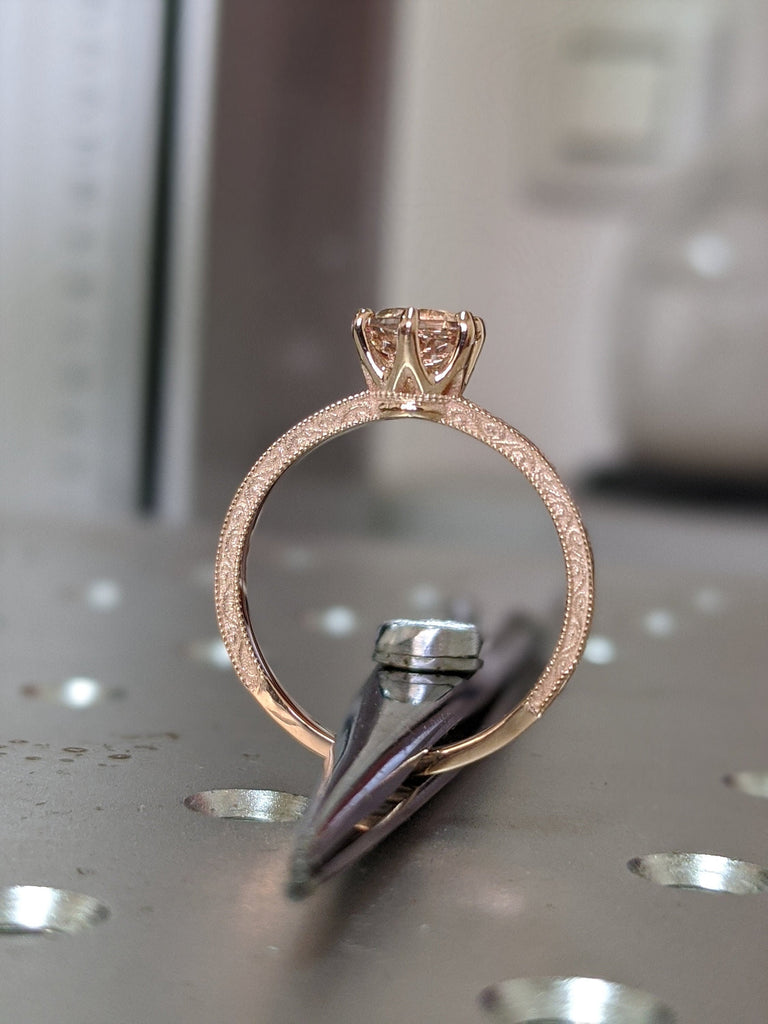 Rose Gold Vintage Morganite Solitaire Ring, Morganite Ring, Antique Design, Squared Milgrained Edges, Basket Setting