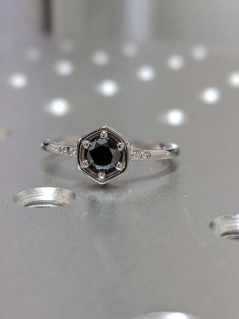 Black Diamond Ring, Solid 14k Rose Gold Diamond Band, Black Diamond Engagement Ring, Hexagon Diamond Ring Black Diamond Ring