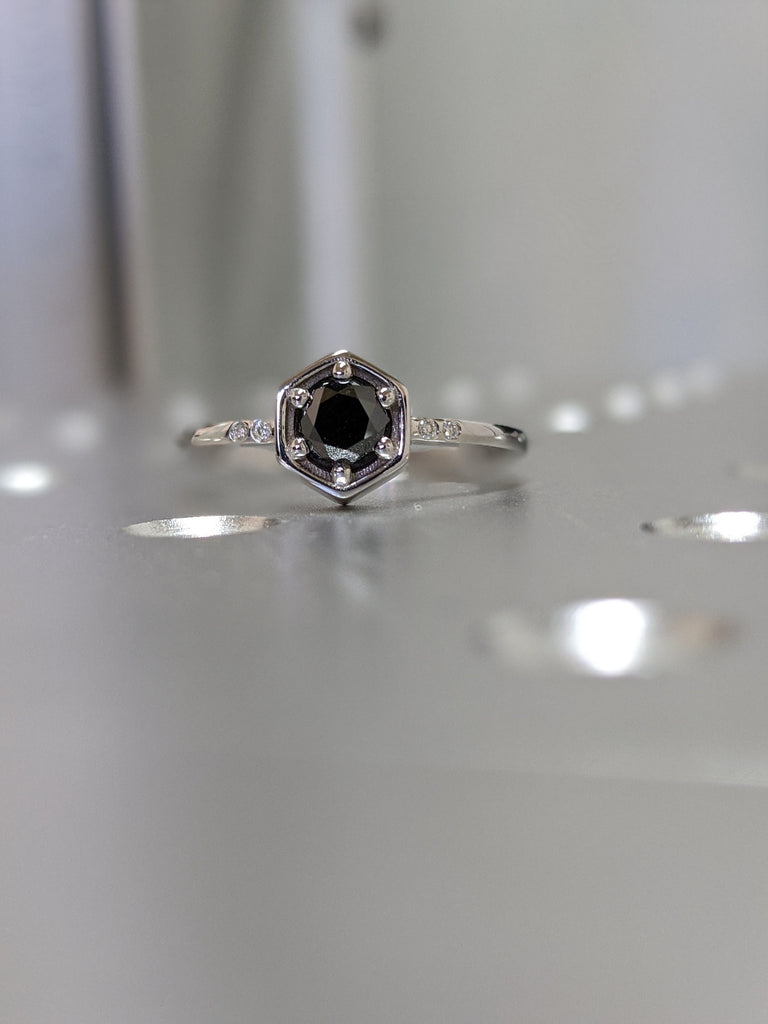 Black Diamond Ring, Solid 14k Rose Gold Diamond Band, Black Diamond Engagement Ring, Hexagon Diamond Ring Black Diamond Ring