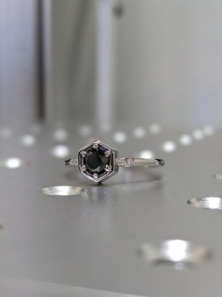 Black Diamond Ring, Solid 14k Rose Gold Diamond Band, Black Diamond Engagement Ring, Hexagon Diamond Ring Black Diamond Ring