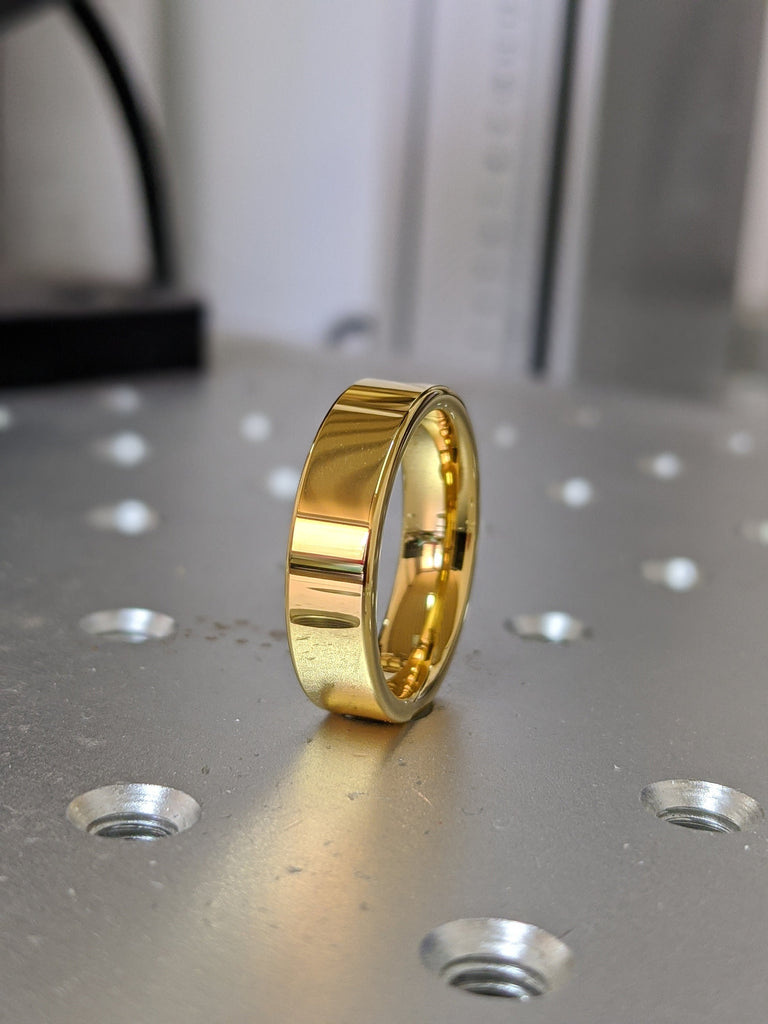 14k Yellow Gold Plated Mens Tungsten Wedding Band Ring Bands Unique Rings , 6mm Flat Ring, Gold Plated Tungsten Ring, Flat Wedding Band