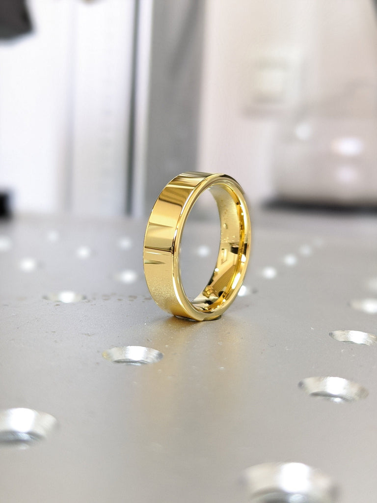 14k Yellow Gold Plated Mens Tungsten Wedding Band Ring Bands Unique Rings , 6mm Flat Ring, Gold Plated Tungsten Ring, Flat Wedding Band