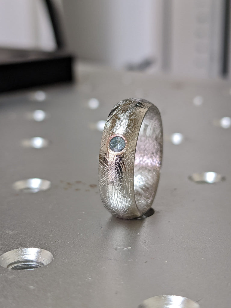 Aquamarine Meteorite Ring - Gibeon Meteorite Ring - Natural Meteorite Ring - Meteorite Band - Meteorite Ring - Gibeon Meteorite