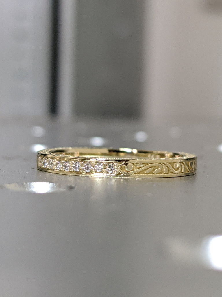 Vintage Filigree Wedding Band Stacking Ring Antique Floral Wedding Ring Milgrain Matching Band Anniversary Ring 14k Yellow Gold Band