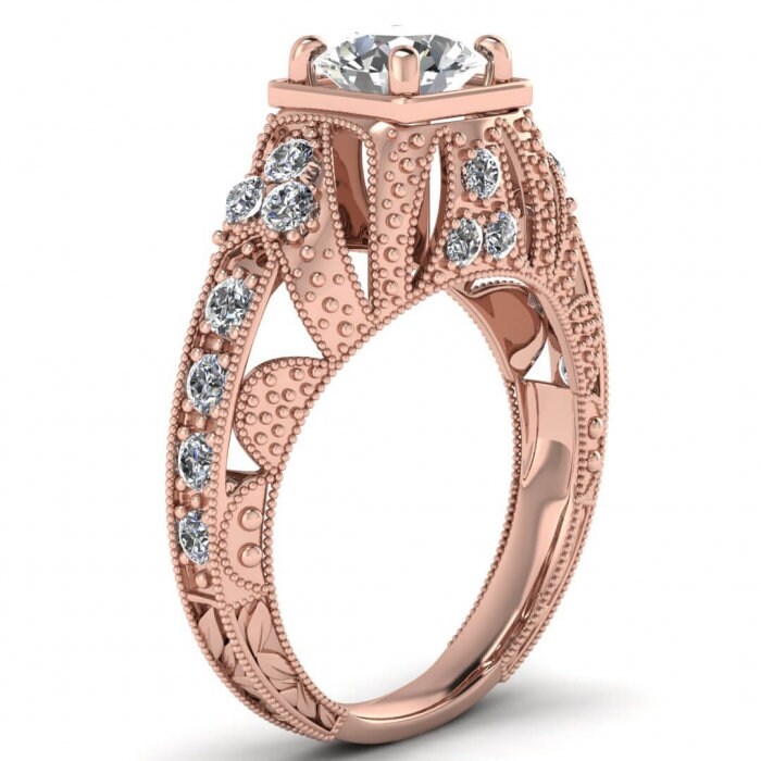 Rose Gold Engraved Moissanite Ring (1/2 Ct. Tw.), Filigree Milgrained Band, Hand Engraving, Delicate Pave, Gem Accents, Prong Setting Elsie