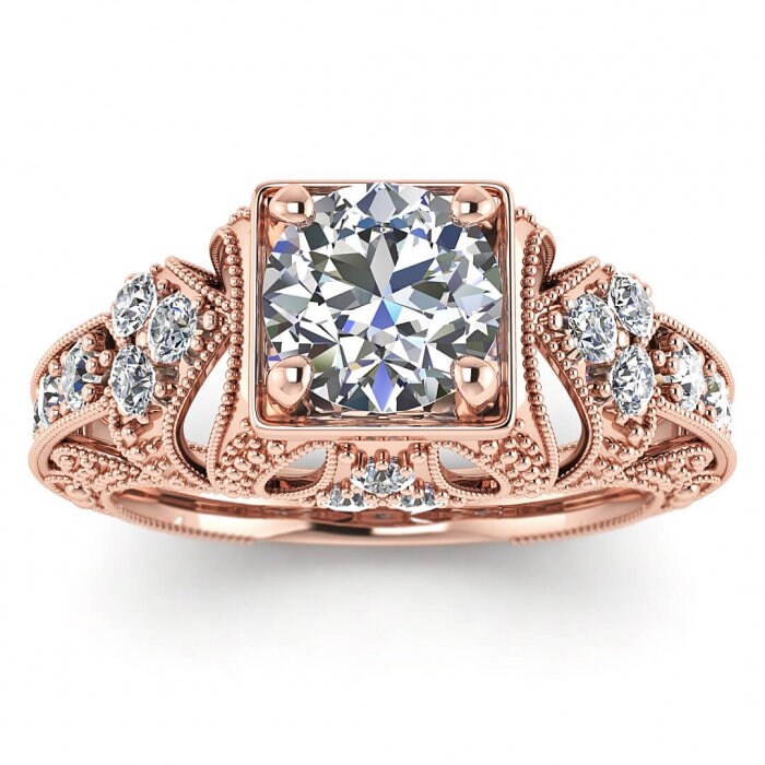 Rose Gold Engraved Moissanite Ring (1/2 Ct. Tw.), Filigree Milgrained Band, Hand Engraving, Delicate Pave, Gem Accents, Prong Setting Elsie